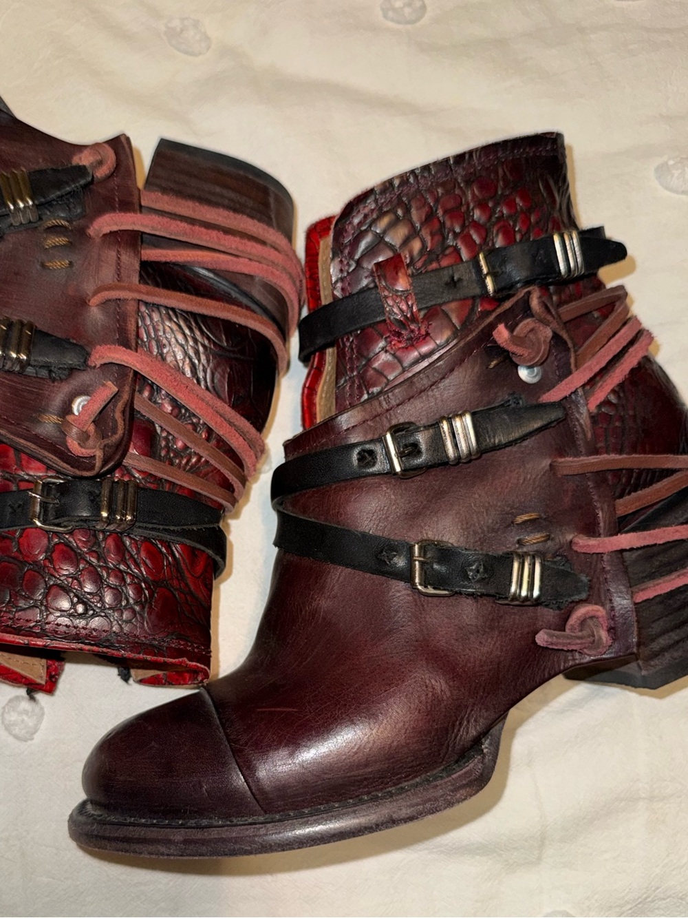 freebird Burgundy Leather Ankle Boots with Black Strap Accents